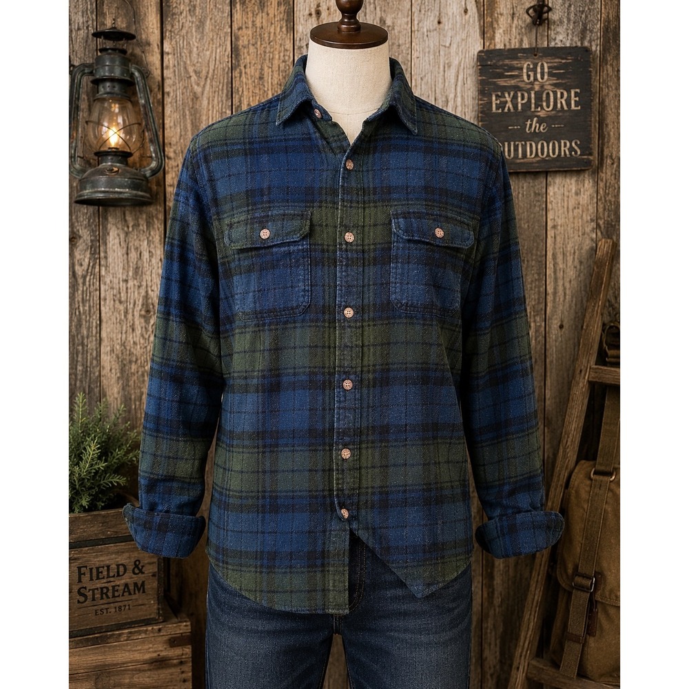 Field & Stream Men's XL Blue Green Plaid Flannel Shirt Outdoor Cabin Grunge